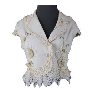 Black Cat Fashion Sz M Cream Tan Beaded Lace Rhinestones Pearls Cotton Top